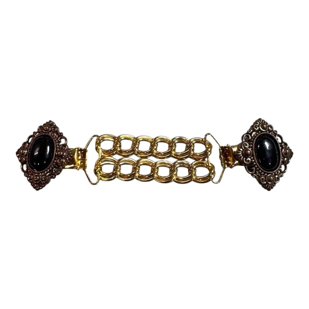 Vintage Art Deco Ornate Gold Black Chain Sweater Cardigan Clip Filigree Stone